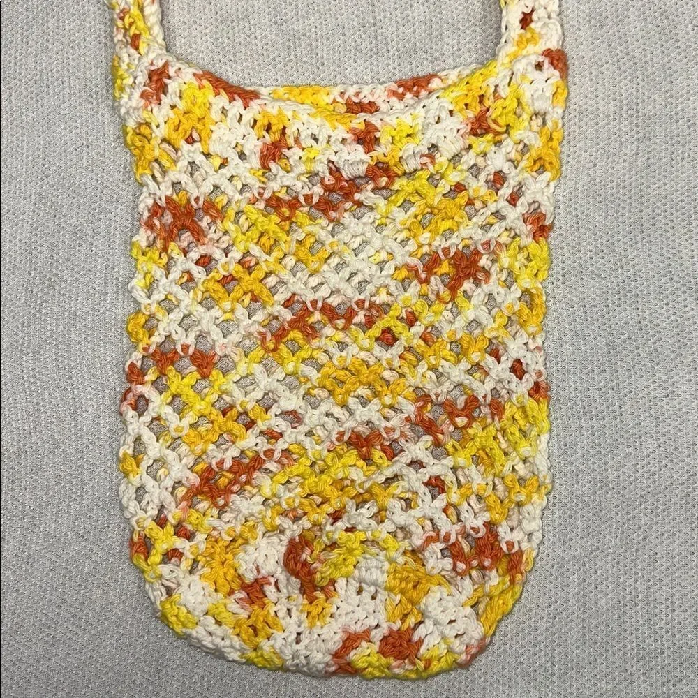 Handmade Crochet White Orange Yellow CandyCorn Colored Small Fishnet Market Tote